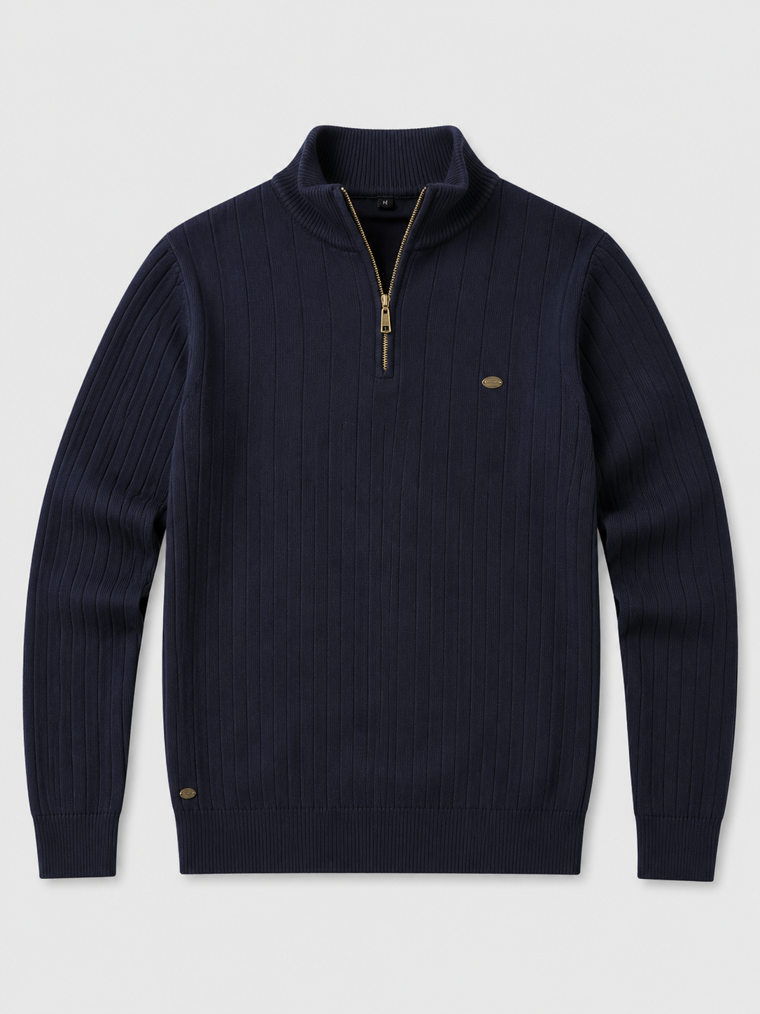Navy men’s quarter zip cotton knit pullover sweater with a stand collar displayed on a plain background