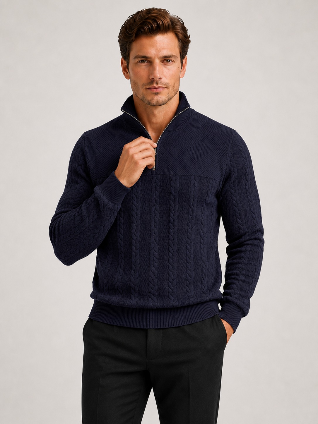 Men wearing navy jacquard quarter zip sweater long sleeve warm fall winter casual style