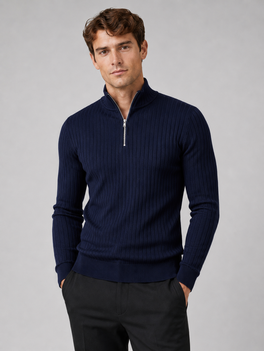 Men wearing navy quarter zip sweater mock neck long sleeve knit fall winter business casual style