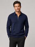 Front view of a man wearing a navy lightweight knit quarter zip polo sweater with long sleeves