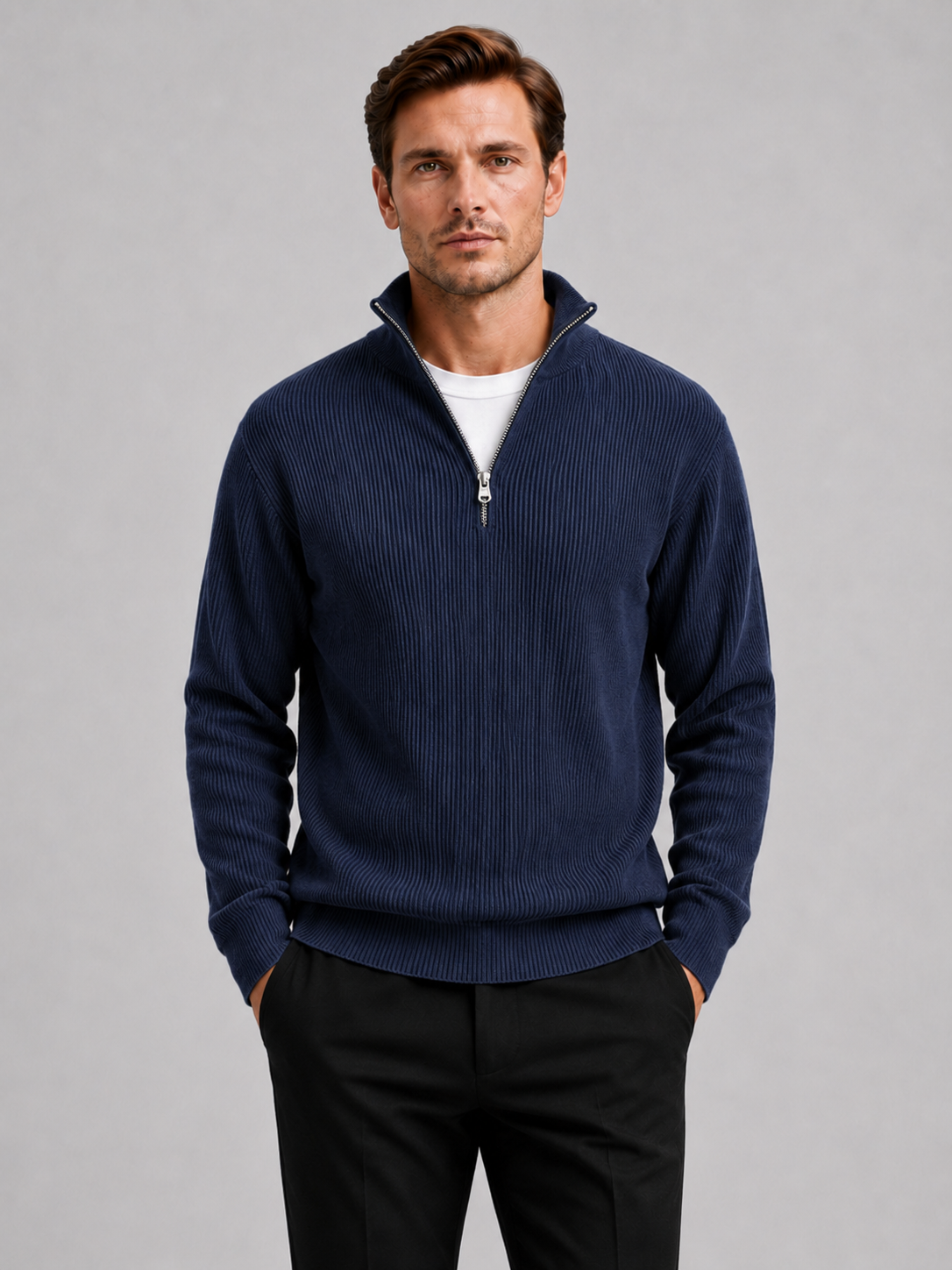 Men wearing navy ribbed quarter zip sweater stand collar long sleeve fall winter business casual style