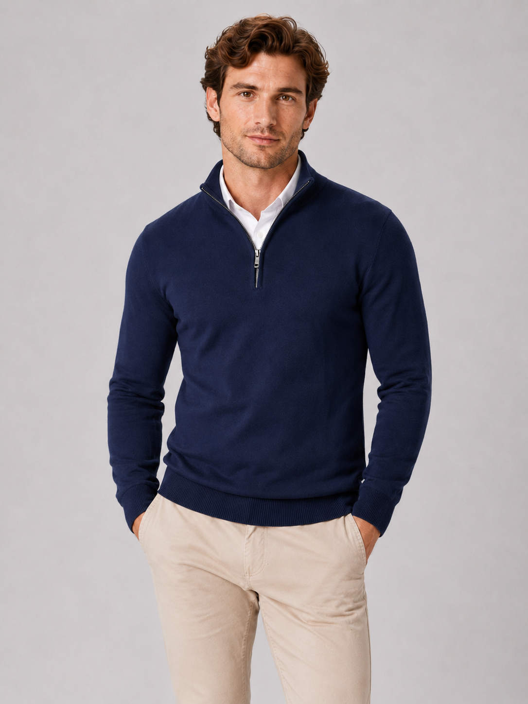 Men wearing navy quarter zip sweater slim fit lightweight mock neck spring fall casual style