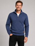 Men wearing navy quarter zip sweater stand collar long sleeve fall sportswear casual style