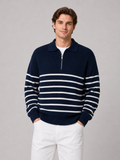 Men wearing navy quarter zip sweater striped loose fit lightweight fall casual style