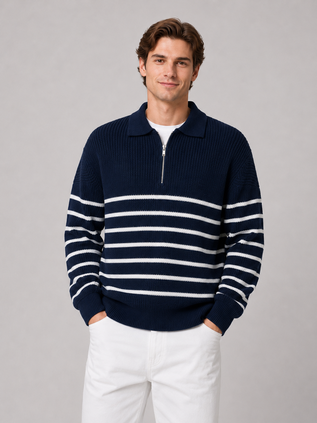 Men wearing navy quarter zip sweater striped loose fit lightweight fall casual style