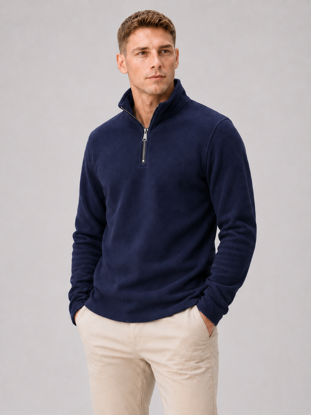 Men wearing navy quarter zip fleece pullover thick warm winter casual outdoor style