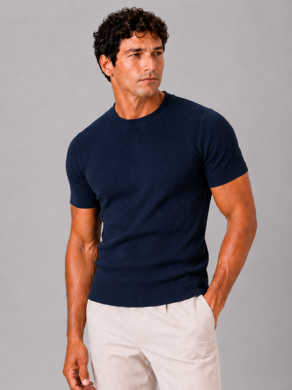 Men wearing navy ribbed fit t shirt crew neck stretch short sleeve summer style
