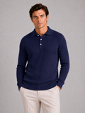 Men wearing navy ribbed long sleeve polo shirt lightweight casual business style