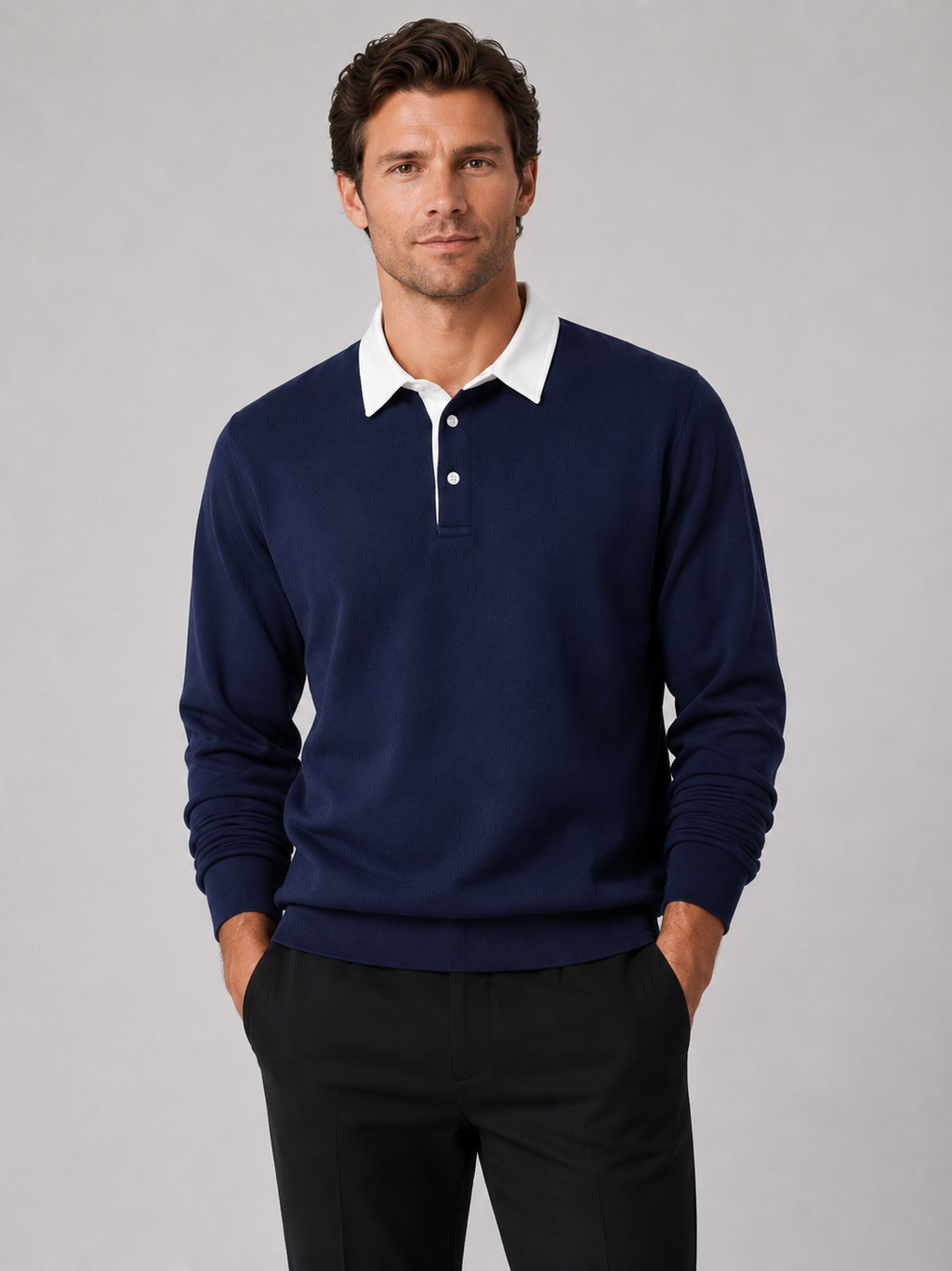 Men wearing navy rugby polo long sleeve loose fit knit fall business casual style