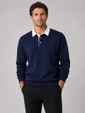Men wearing navy rugby polo long sleeve loose fit knit fall business casual style