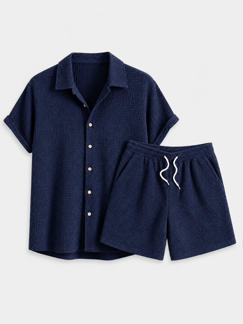 Navy two piece shirt and shorts set for men relaxed casual outfit soft breathable fabric
