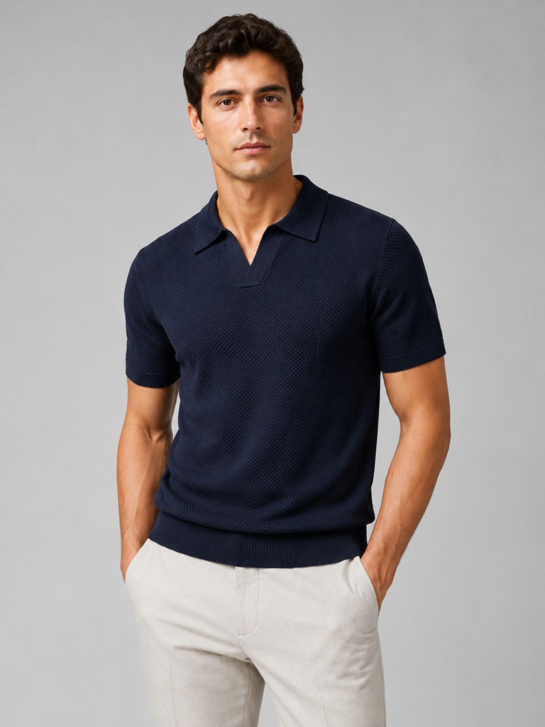 Men wearing navy knit polo shirt lightweight breathable stretch short sleeve summer style