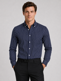 Men wearing navy striped button down long sleeve shirt slim fit business casual office style