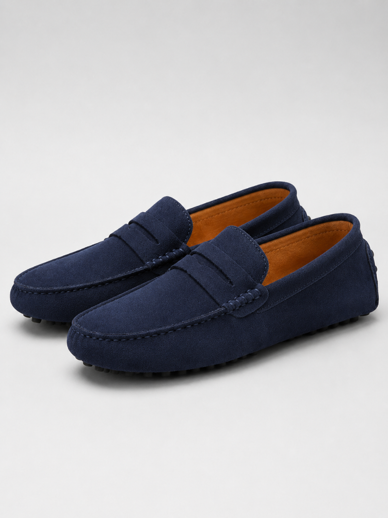 Navy suede penny loafers for men genuine leather moc toe design lightweight casual shoes