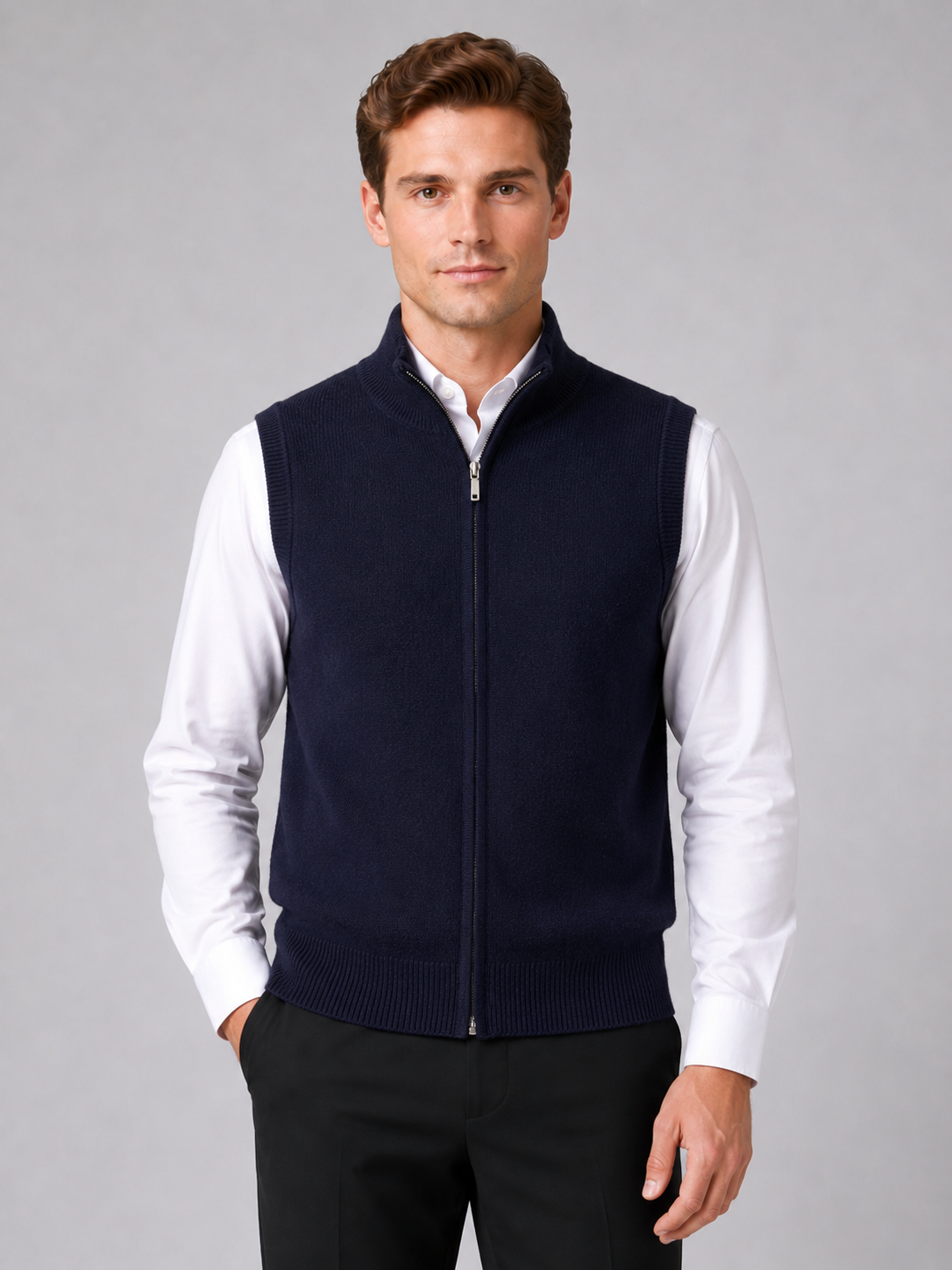 Men wearing navy full zip sweater vest mock neck knit fall winter business casual style