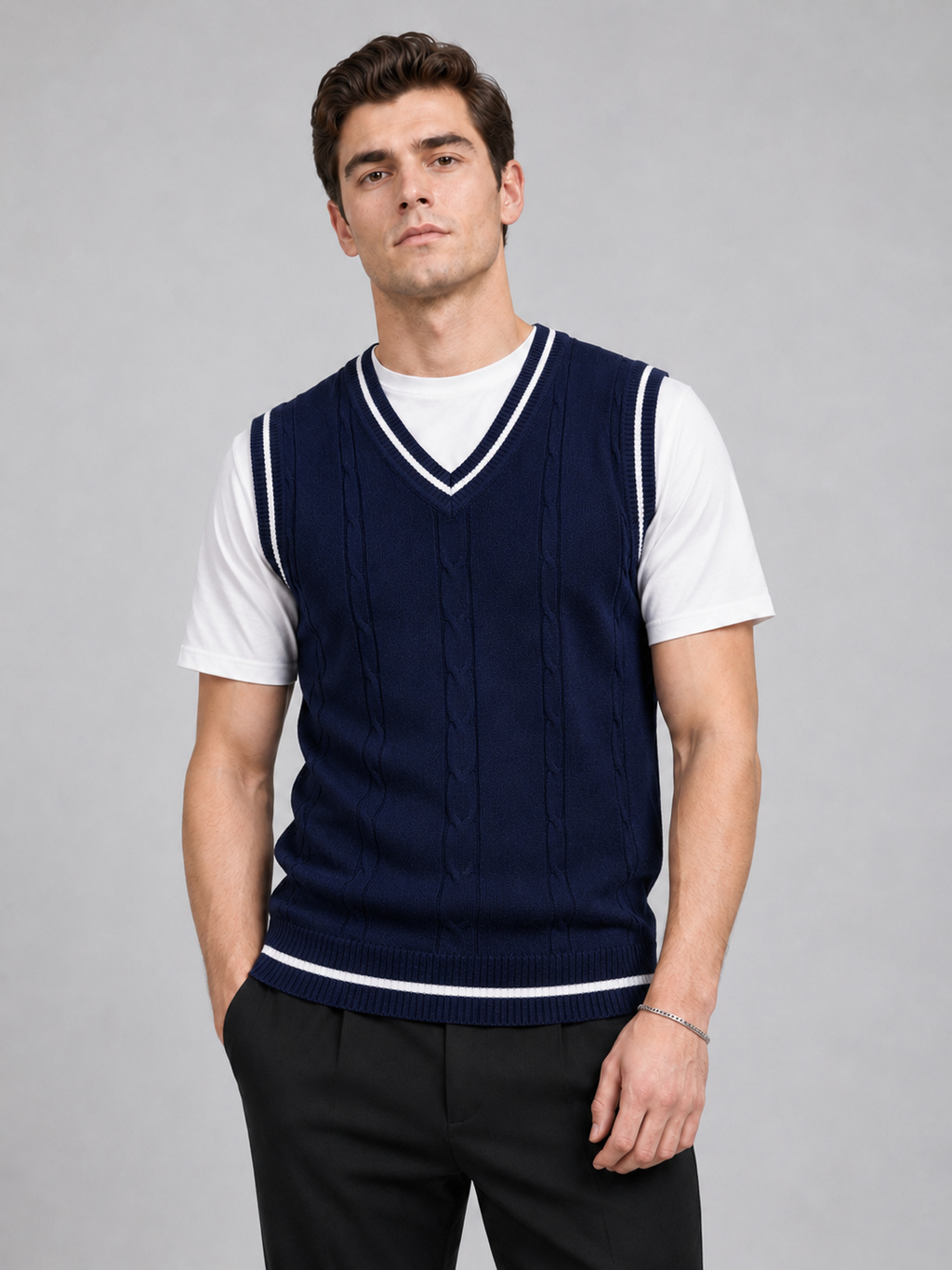 Men wearing navy sweater vest v neck slim fit patchwork knit fall winter business casual style