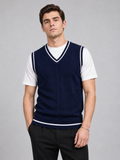 Men wearing navy sweater vest v neck slim fit patchwork knit fall winter business casual style