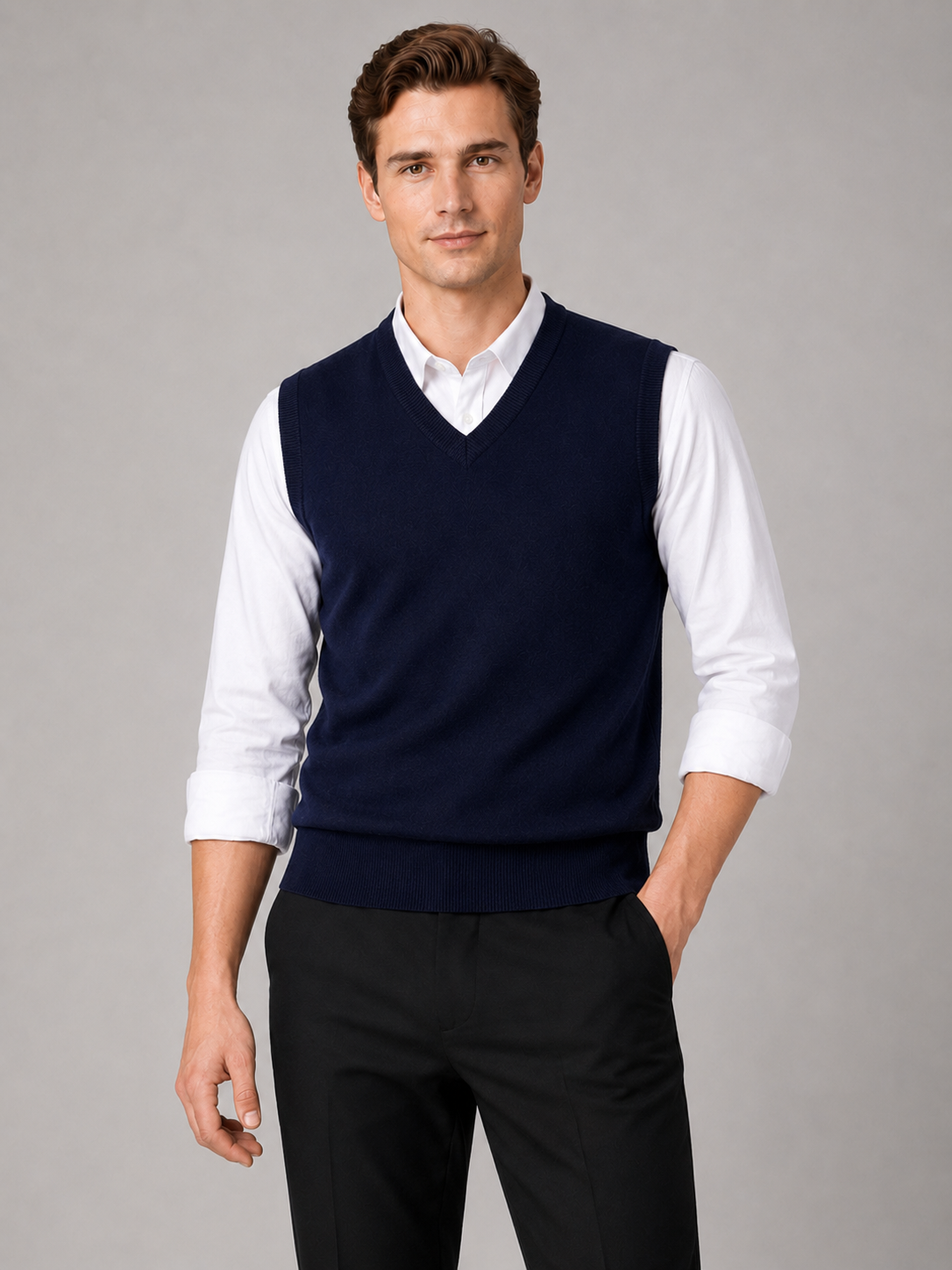 Men wearing navy sweater vest v neck solid color knit fall winter business casual style