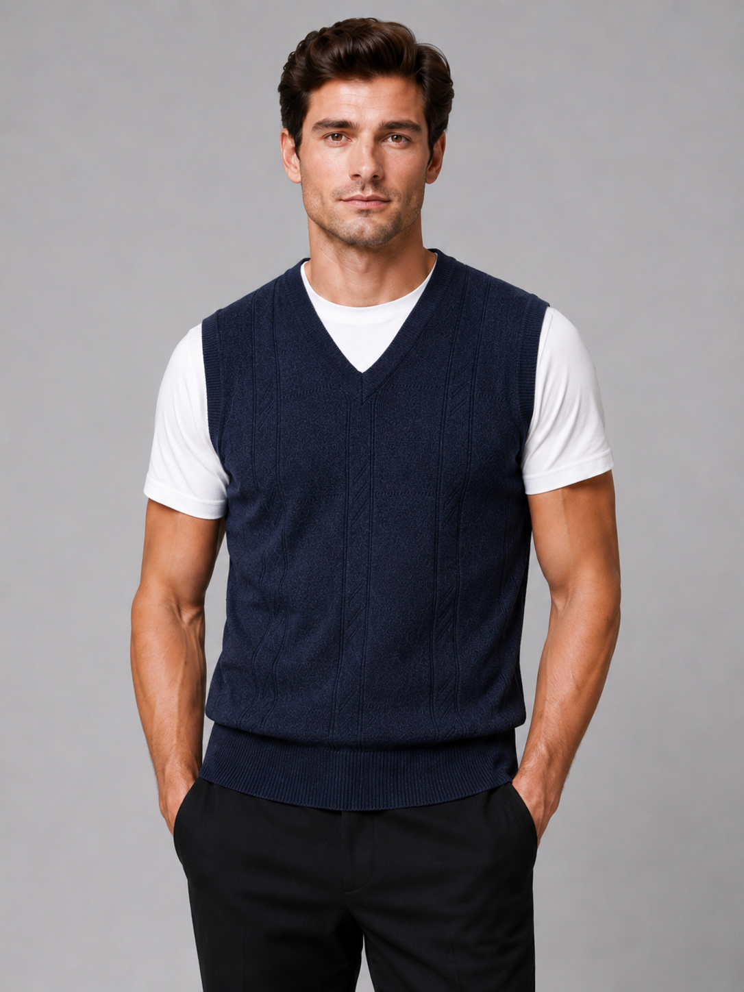 Men wearing navy v neck sweater vest solid color knit fall winter business casual style