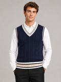 Men wearing navy striped sweater vest v neck thick knit fall winter preppy casual style