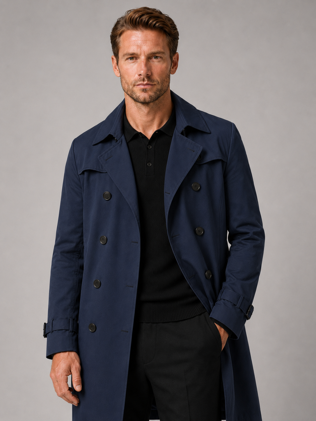 Men wearing navy double breasted trench coat knee length windproof fall casual style