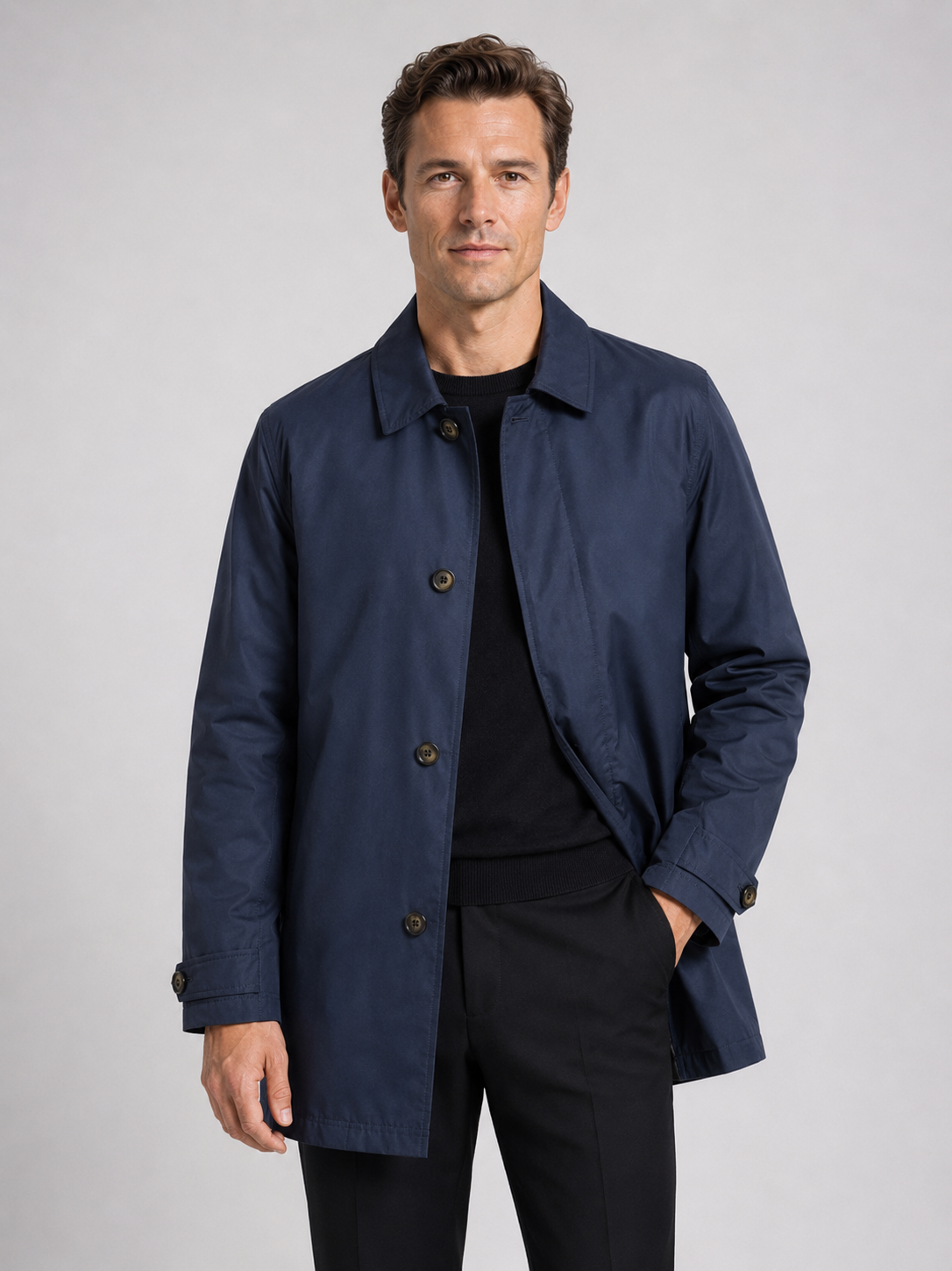 Men wearing navy medium length trench coat lapel button up warm fall winter business casual style