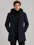 Front photo of a man wearing a navy wool hooded trench coat, warm winter business casual outfit, clean studio background