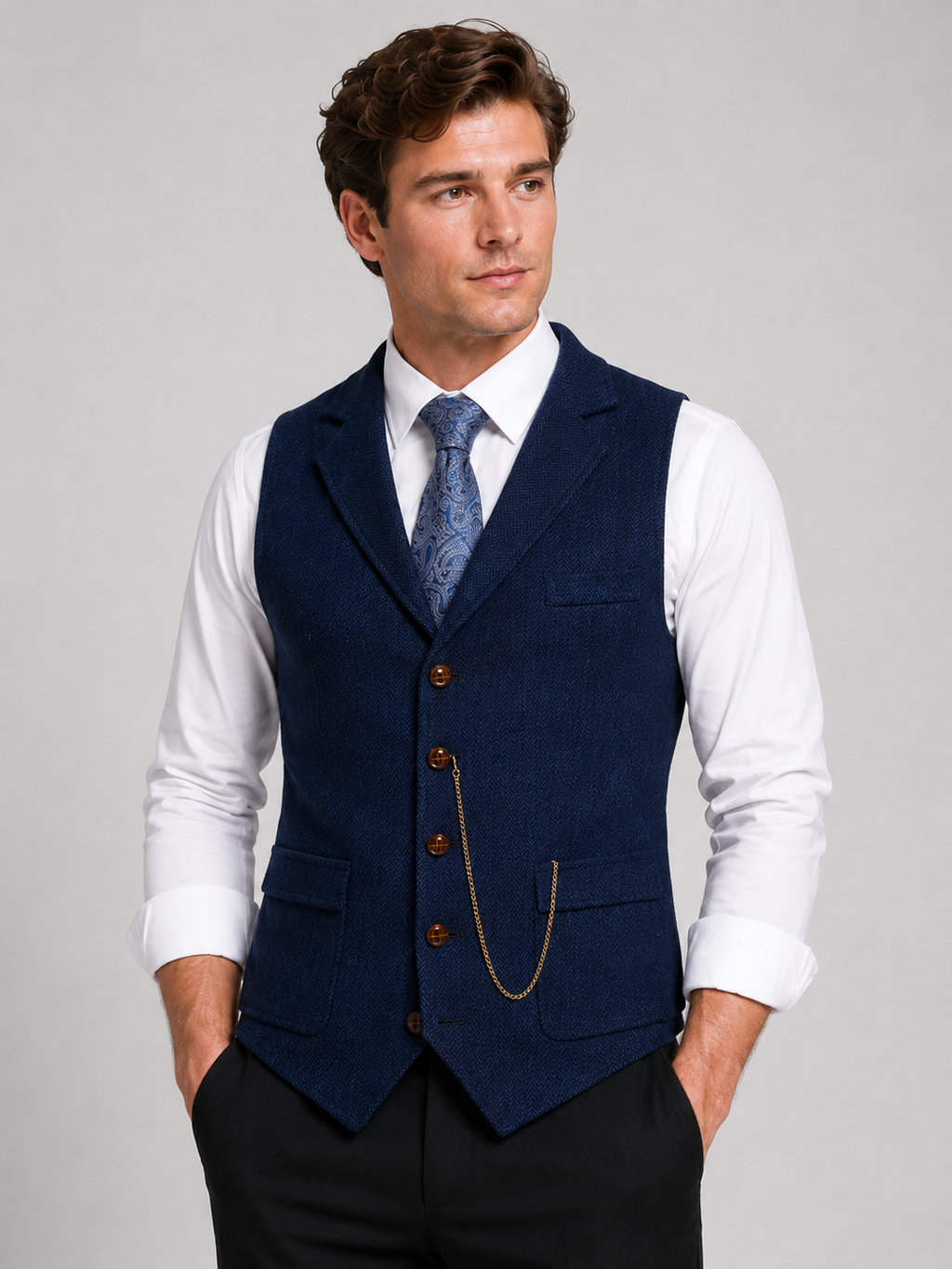 Men wearing navy tweed vest herringbone lapel chain suit vest fall winter business casual style