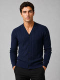 Men wearing navy v neck cardigan sweater slim fit knit long sleeve spring fall business casual style