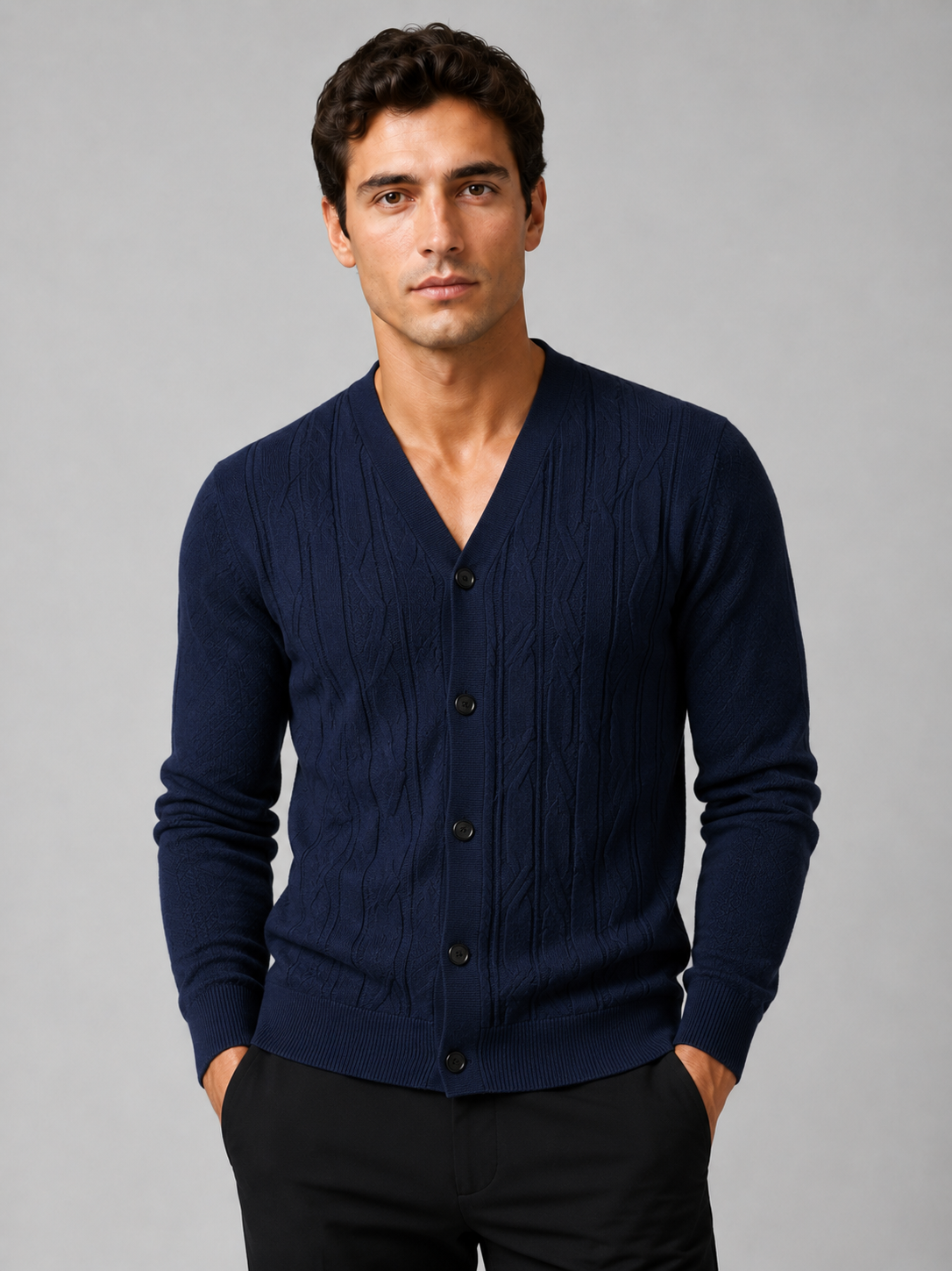 Men wearing navy v neck cardigan sweater slim fit knit long sleeve spring fall business casual style
