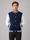 Men wearing navy varsity jacket fleece lined color block button front fall winter baseball style