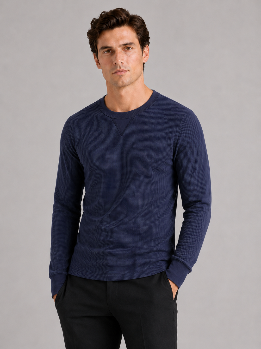 Men wearing navy waffle knit shirt long sleeve crewneck fall winter casual style