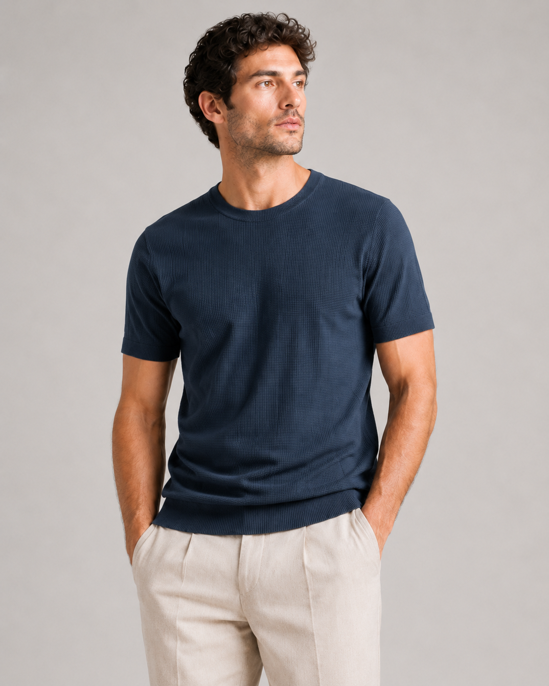 Men wearing navy waffle knit t shirt crew neck lightweight relaxed summer casual style