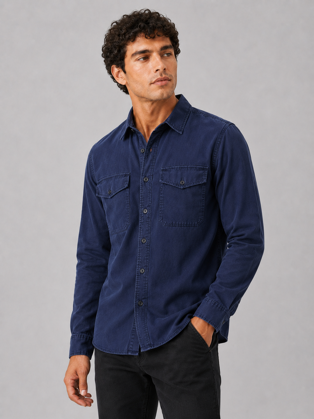 Men wearing navy cotton washed work shirt long sleeve double pocket casual button up style