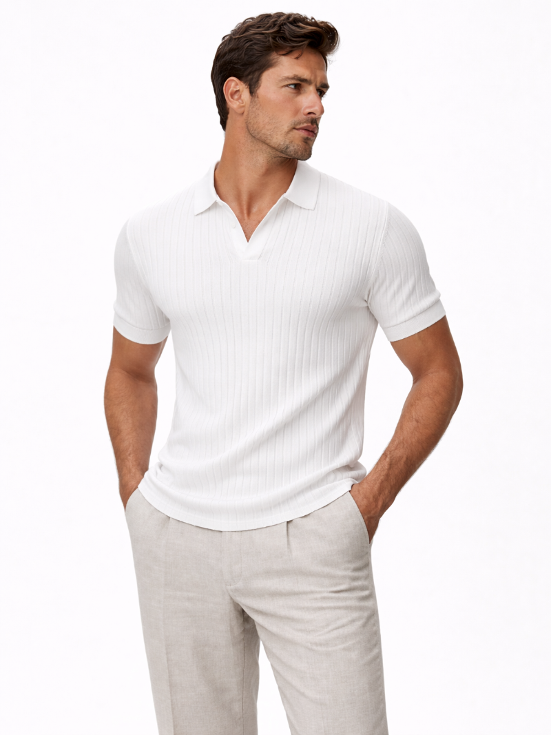 White knitted polo open collar slim fit minimal soft fabric modern smart casual look