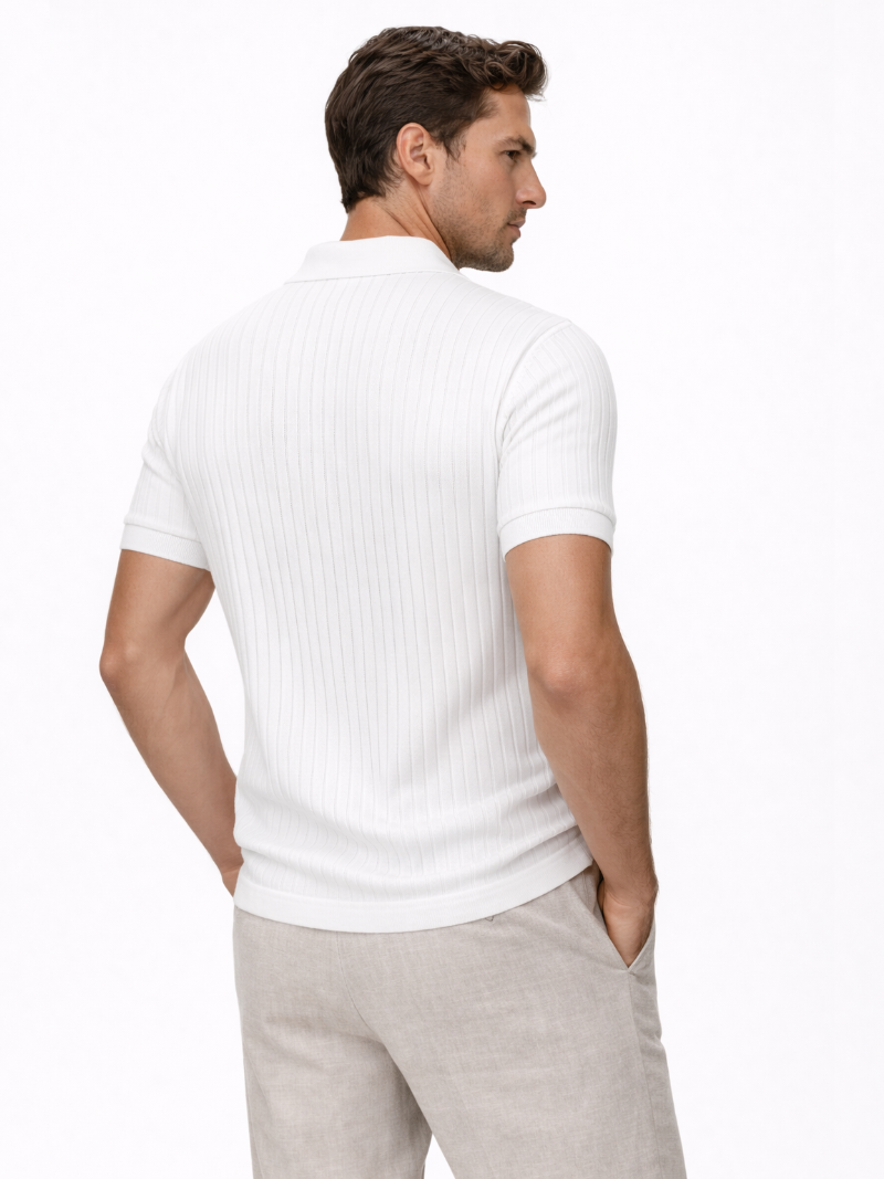 Men’s white knitted polo shirt slim fit open collar soft comfortable summer wear