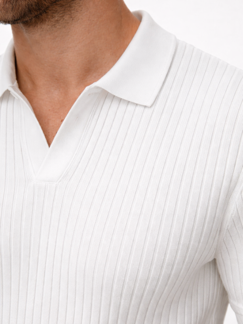 White open collar knitted polo slim fit lightweight breathable premium casual outfit