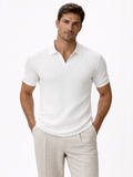 Men wearing white knitted polo open collar slim fit soft breathable refined casual style