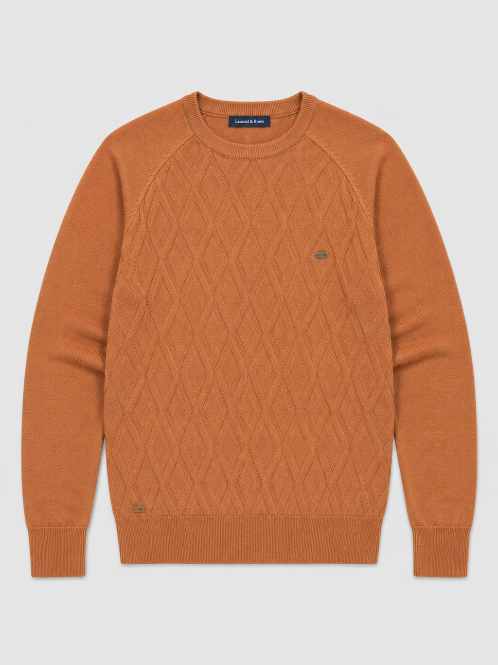 Orange men’s argyle crew neck knit sweater displayed on a plain background