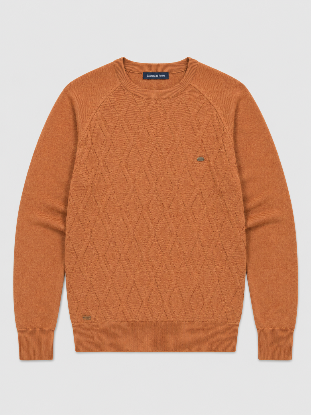 Orange men’s argyle crew neck knit sweater displayed on a plain background