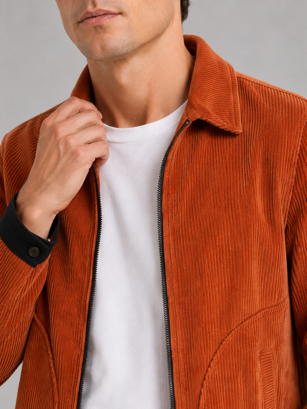 Close up of orange corduroy jacket showing soft ribbed texture and warm fabric detail