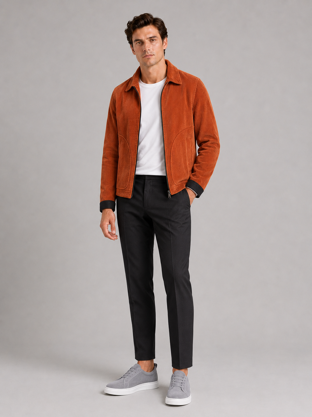 Orange corduroy jacket for men thick warm outerwear for fall outdoor wear
