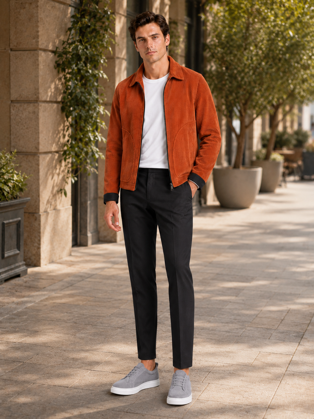 Man styling orange corduroy jacket in a warm outdoor fall lifestyle outfit