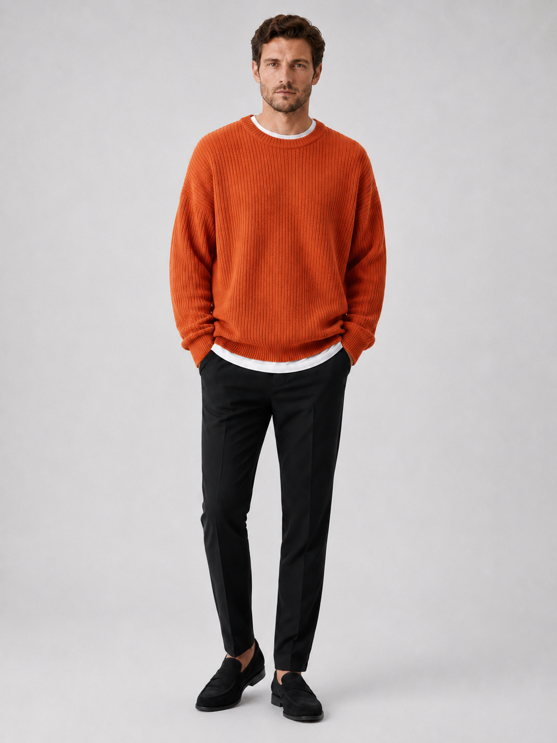 Orange crewneck sweater for men loose fit fall pullover for everyday wear