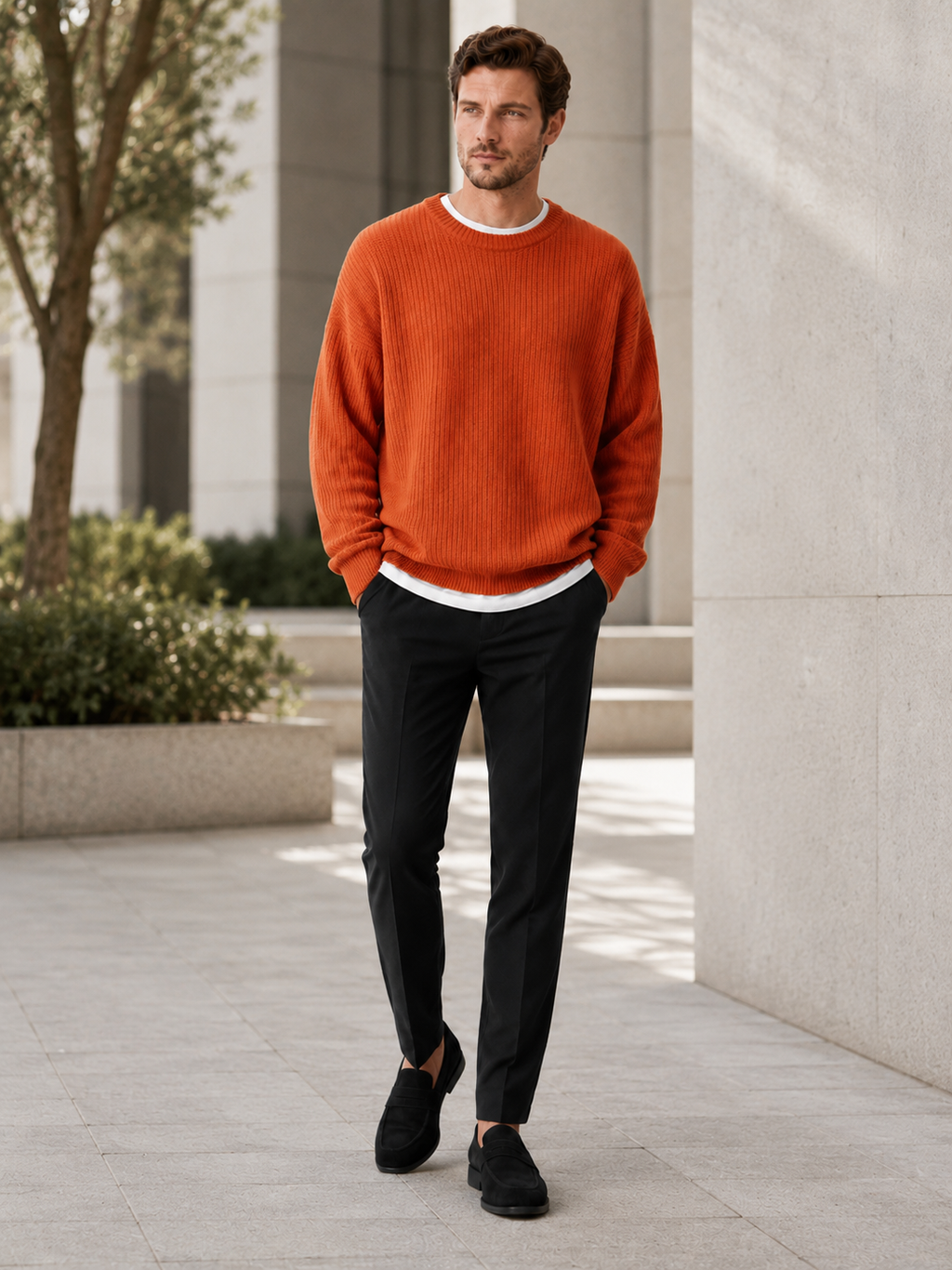 Man styling orange crewneck sweater in a warm fall everyday lifestyle outfit