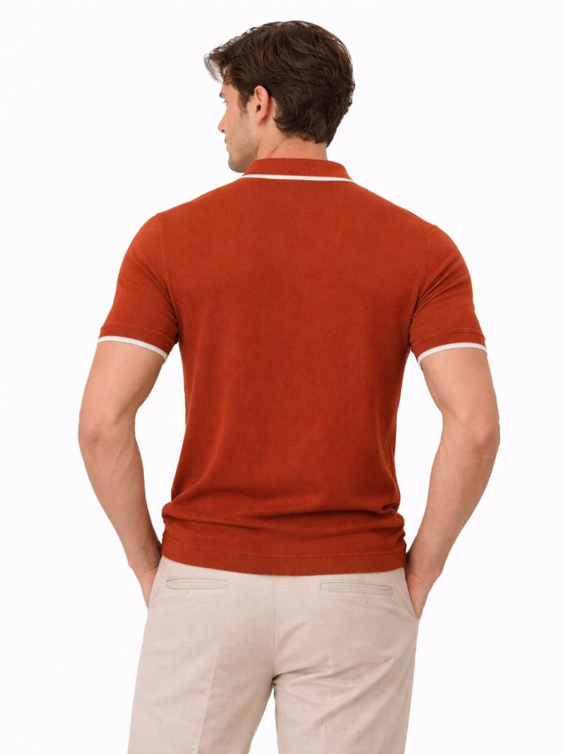 Orange knit polo shirt buttonless design soft breathable fabric refined casual outfit