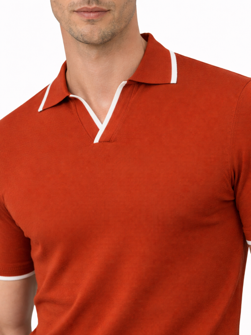 Men’s orange knit polo buttonless lightweight comfortable summer everyday wear