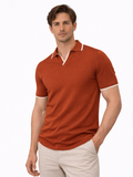Men wearing orange knit buttonless polo lightweight breathable soft summer casual style