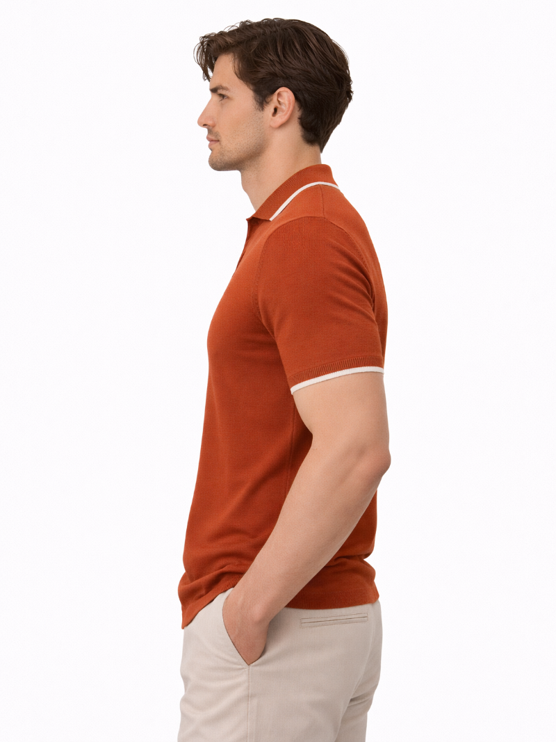 Orange buttonless knit polo soft breathable fabric minimal modern casual look