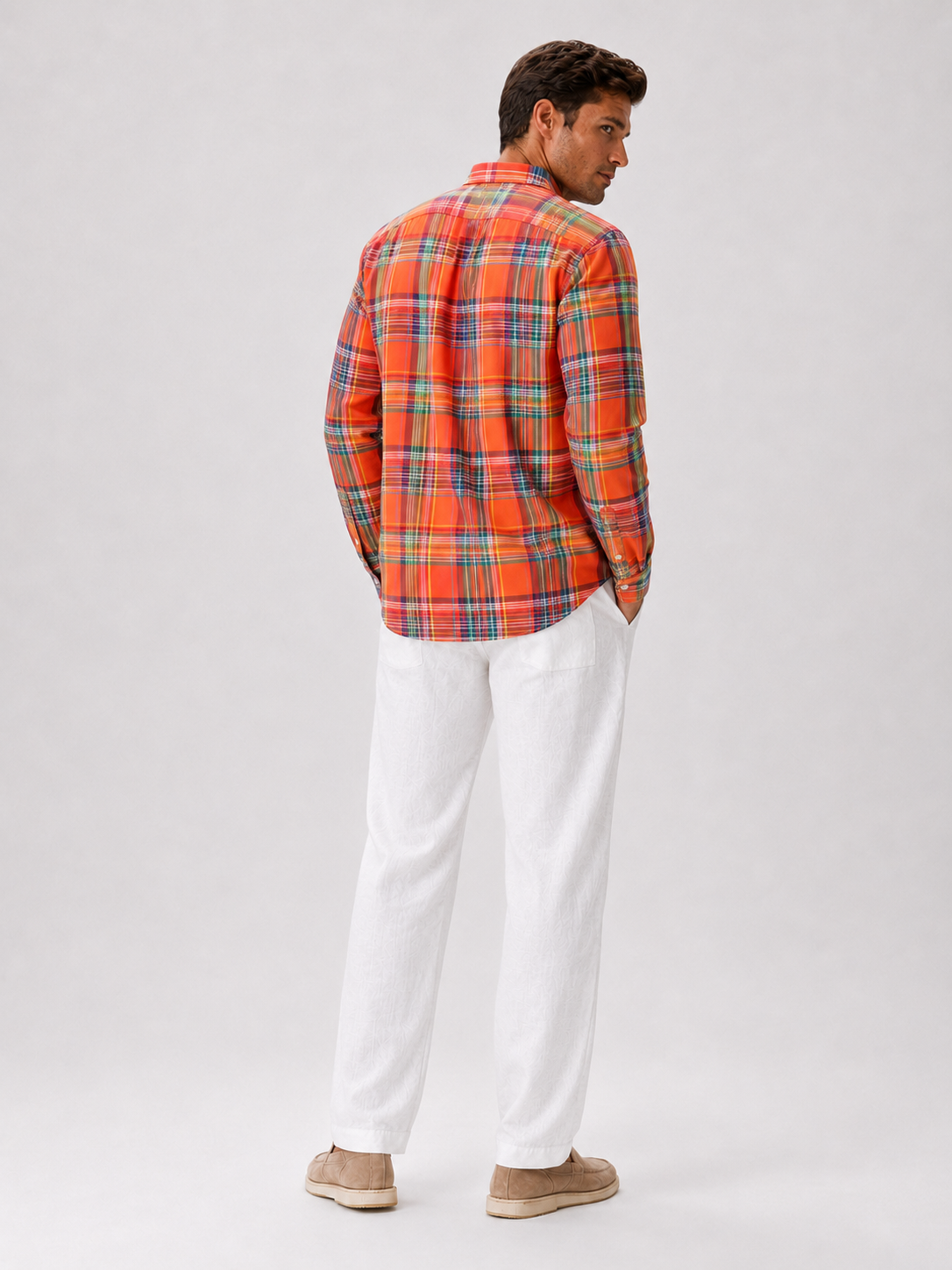 Men’s orange plaid striped madras shirt long sleeve casual cotton top for relaxed outfits